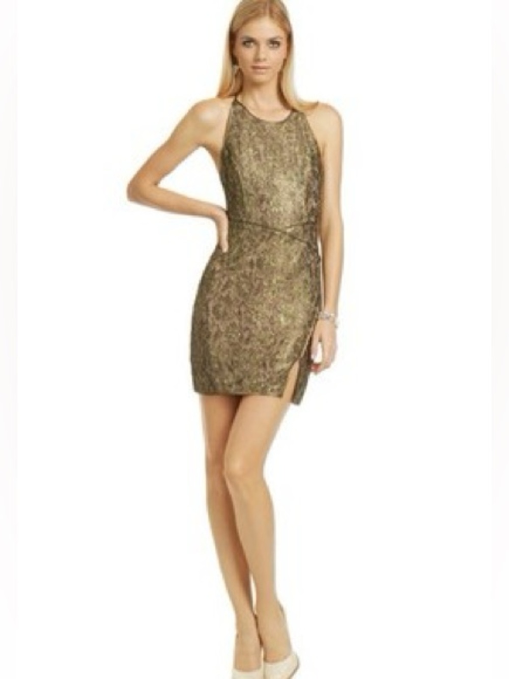 BCBGMaxAzria Metallic Olive and Gold Mini Dress